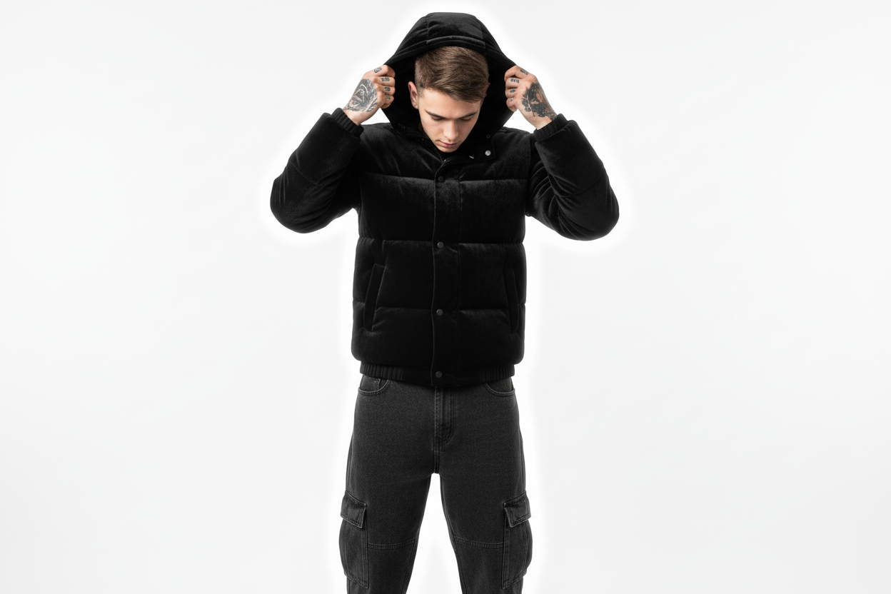 Add a rim light and zoom in on the subject such that puffer jacket is visible and subject fills more of the screen