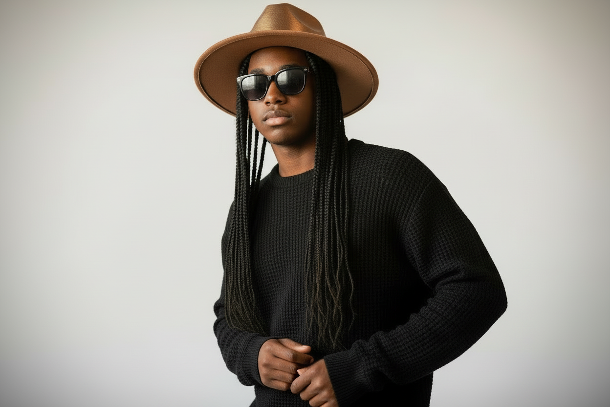 Make the man doing a dynamic pose like he's in a studio doing photoshoot for Ralph Lauren. Also make sure the sweater is 80% visible 